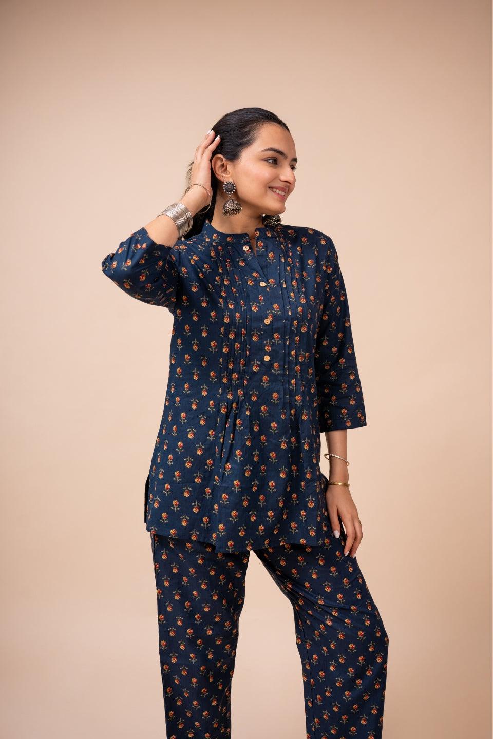 Ekisha's women navy blue multicolor floral printed cotton co-ord set lounge wear - Ekisha