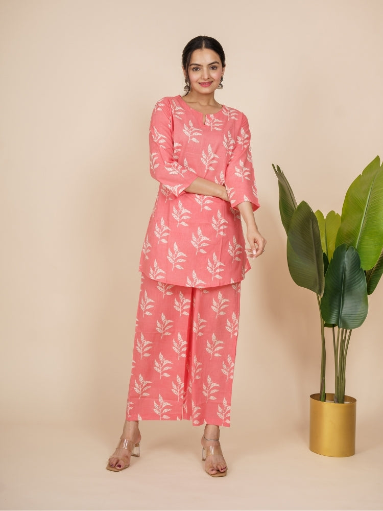 Ekisha's women peachish pink floral printed cotton co-ord set lounge wear, front view 2