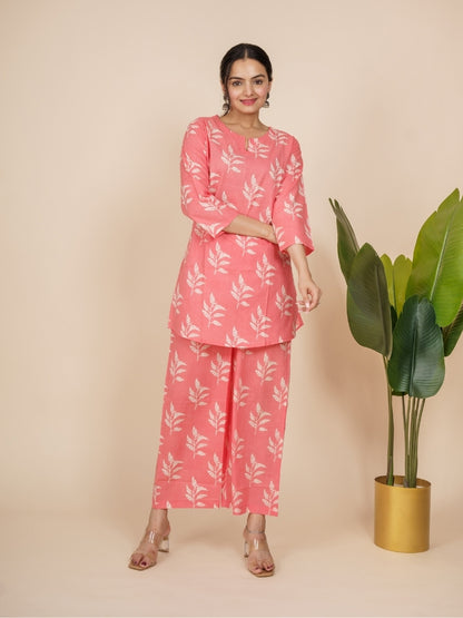 Ekisha's women peachish pink floral printed cotton co-ord set lounge wear, front view 2