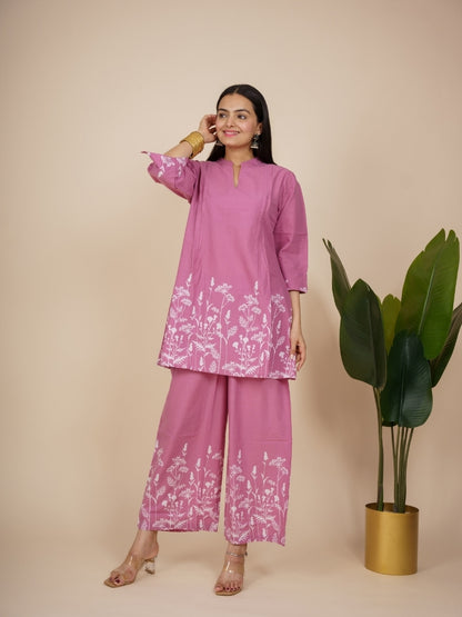 Ekisha's women pink panel floral printed cotton co-ord set lounge wear, front view 3