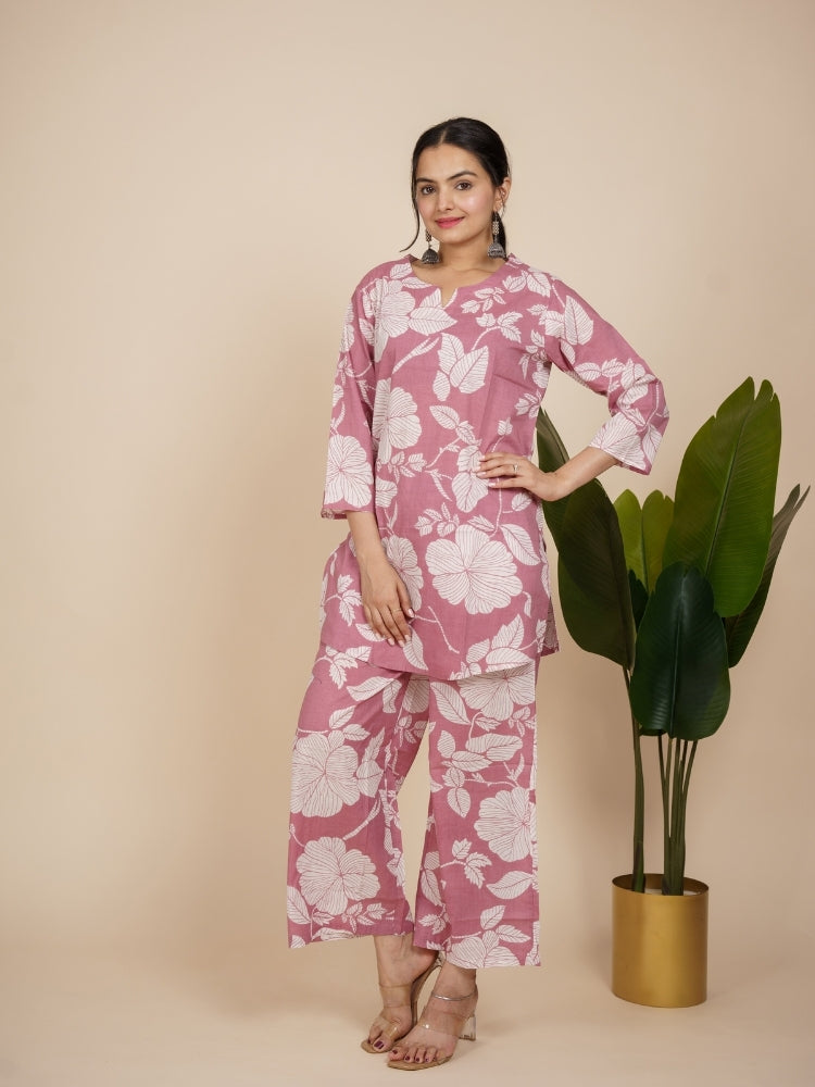 Ekisha's women light pink floral printed cotton co-ord set lounge wear, front view 3