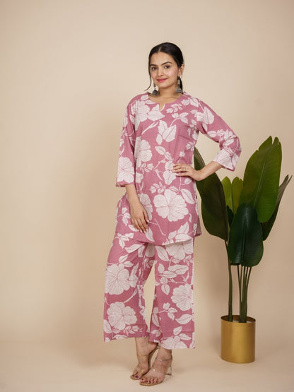 Ekisha's women light pink floral printed cotton co-ord set lounge wear, front view 3