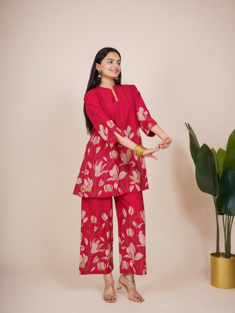 Ekisha's women dark red multicolor floral printed cotton co-ord set lounge wear, front view 3