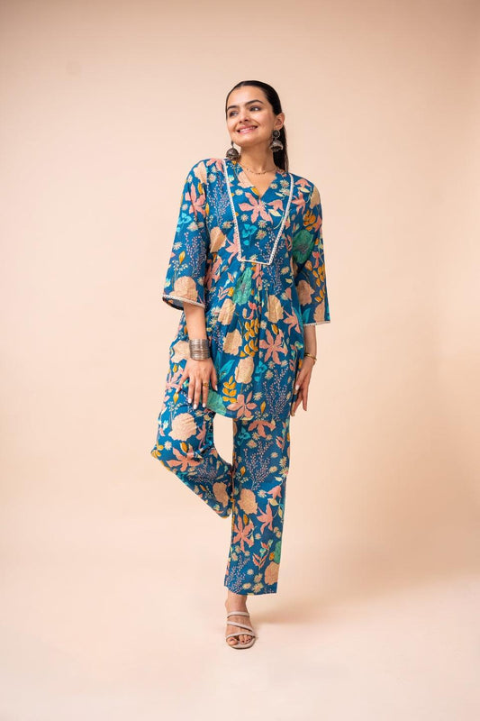 Ekisha's women blue multicolor floral printed cotton co-ord set lounge wear - Ekisha