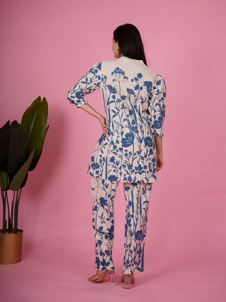 Ekisha's women white blue floral designer printed cotton co-ord set lounge wear, back view