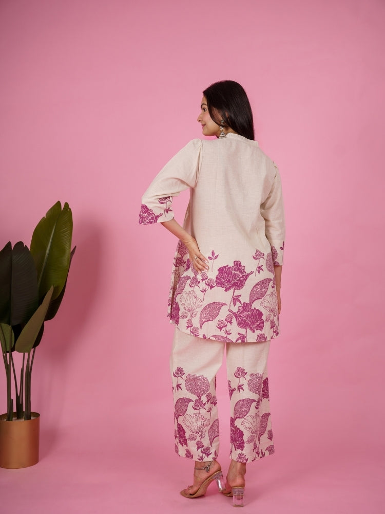 Ekisha's women white wine panel floral printed cotton co-ord set lounge wear, back view