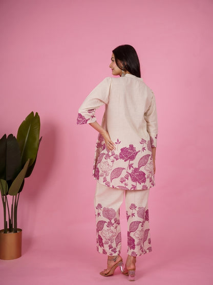 Ekisha's women white wine panel floral printed cotton co-ord set lounge wear, back view