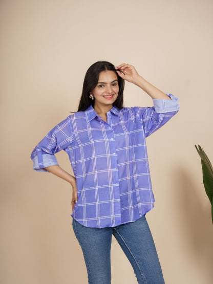 Ekisha Women cotton purple checks printed relaxed fit shirt, detailed view