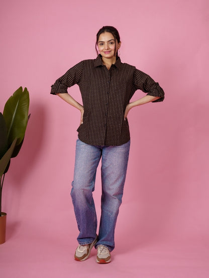 Ekisha Women cotton black dots printed relaxed fit shirt, front view 3