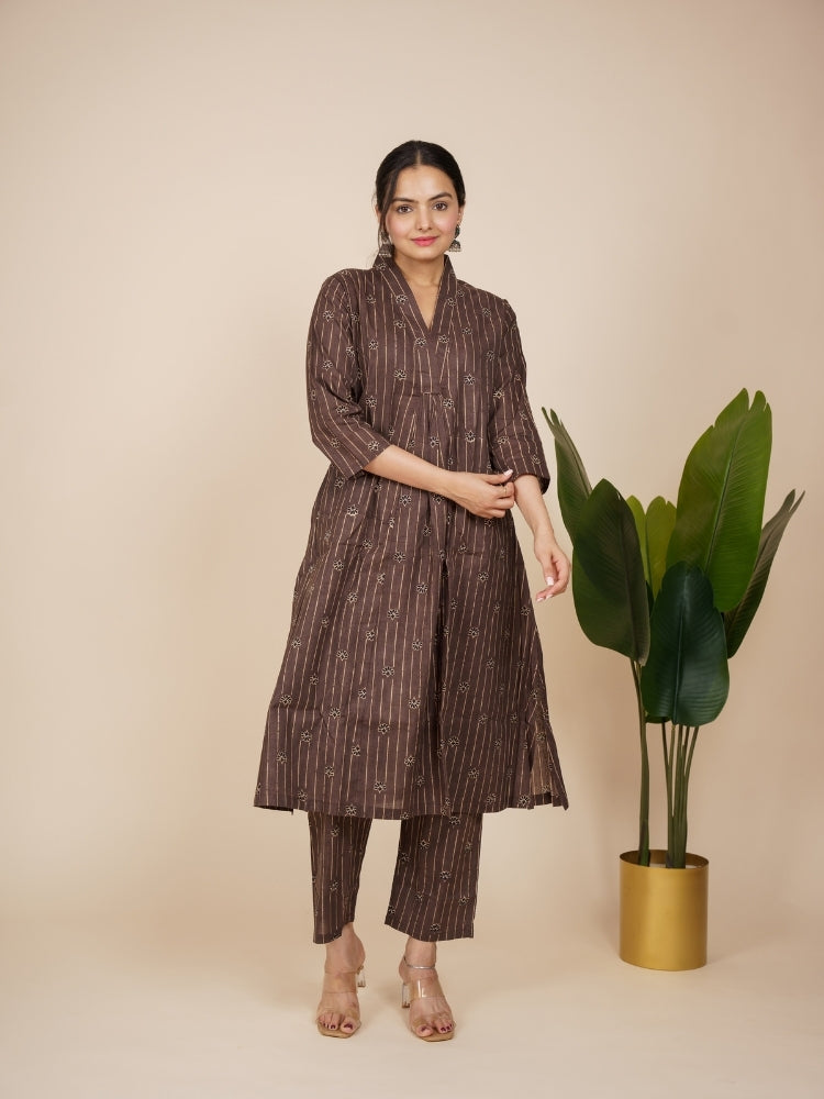 Ekisha's women brown designer floral printed cotton co-ord set lounge wear, front view 3