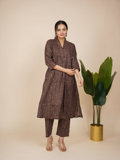 Ekisha's women brown designer floral printed cotton co-ord set lounge wear, front view 3