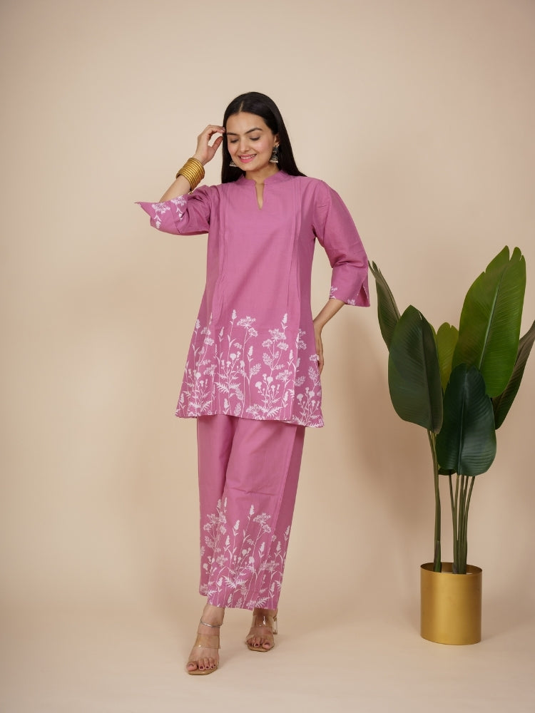Ekisha's women pink panel floral printed cotton co-ord set lounge wear, front view 5