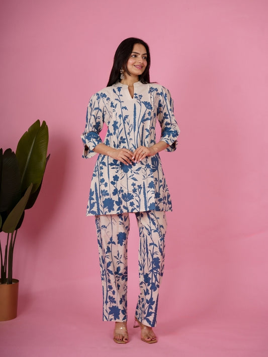 Ekisha's women white blue floral designer printed cotton co-ord set lounge wear, front view 3