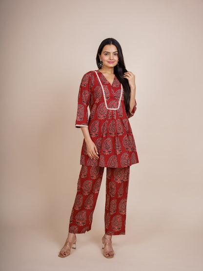Ekisha's women maroon designer ajrak printed cotton co-ord set lounge wear, front view