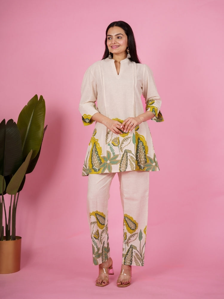 Ekisha's women white floral designer printed cotton co-ord set lounge wear, front view 3