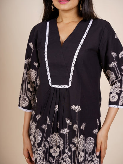 Ekisha's women black designer panel printed cotton co-ord set lounge wear, detailed view