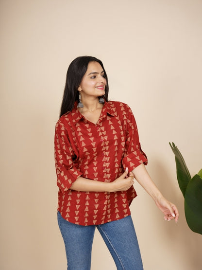 Ekisha Women cotton maroon triangle printed relaxed fit shirt, side view