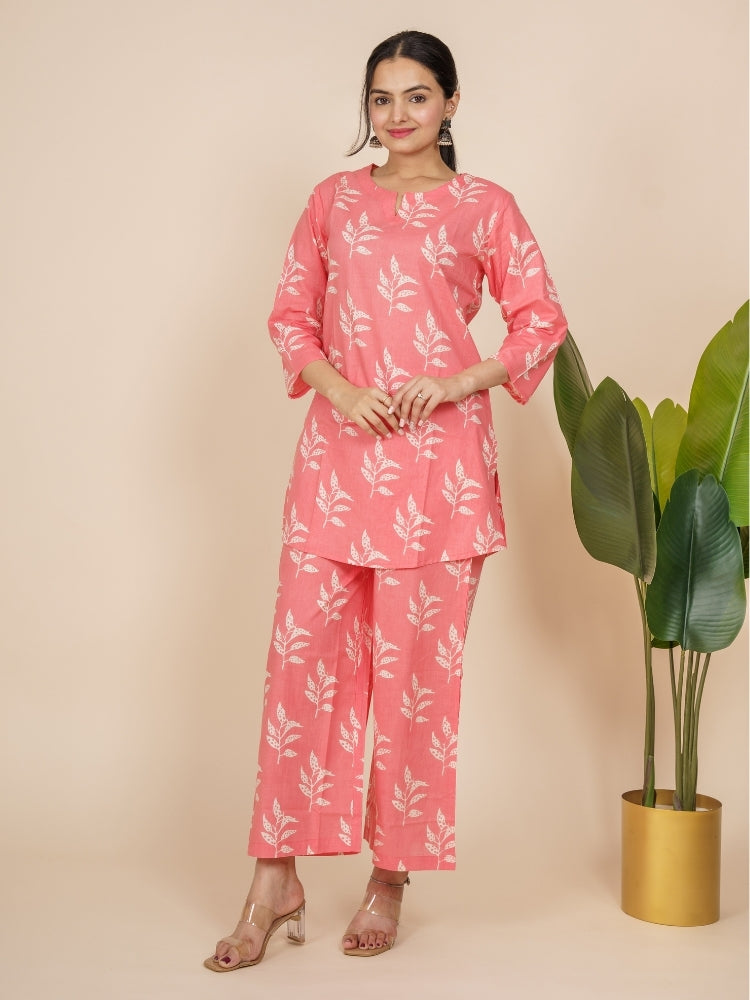 Ekisha's women peachish pink floral printed cotton co-ord set lounge wear, front view 3