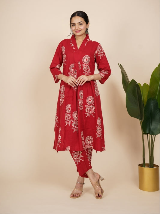 Ekisha's women dark red designer printed cotton co-ord set lounge wear, front view