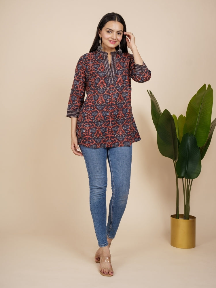 Ekisha's women black designer lace printed cotton tunic top short kurti, front view