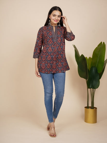 Ekisha's women black designer lace printed cotton tunic top short kurti, front view