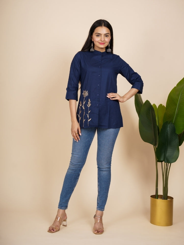 Ekisha's women blue embroidered designer cotton tunic top short kurti, front view