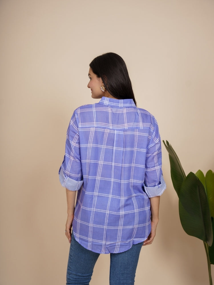 Ekisha Women cotton purple checks printed relaxed fit shirt, back view
