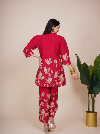 Ekisha's women dark red multicolor floral printed cotton co-ord set lounge wear, back view