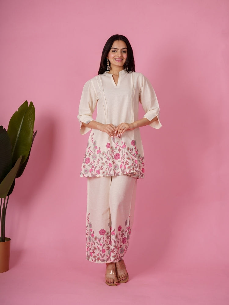Ekisha's women white pink floral printed cotton co-ord set lounge wear, front view 4
