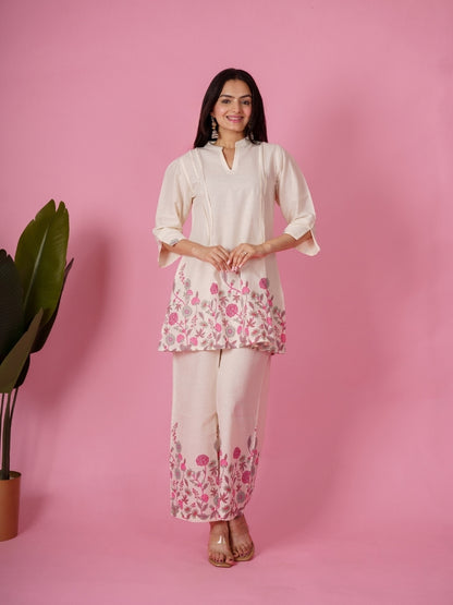 Ekisha's women white pink floral printed cotton co-ord set lounge wear, front view 4
