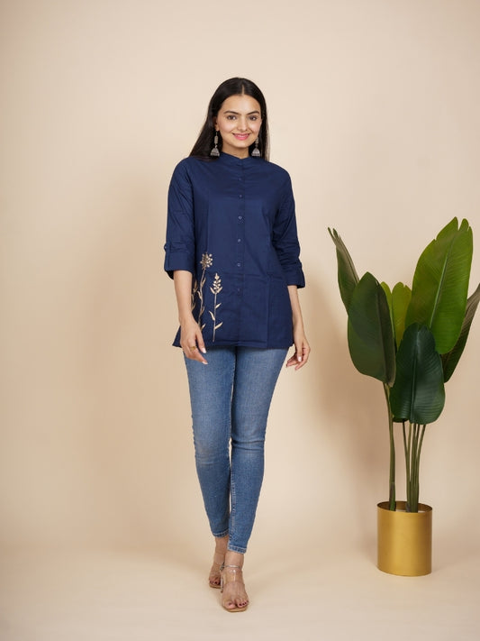 Ekisha's women blue embroidered designer cotton tunic top short kurti, front view 3