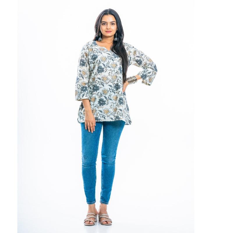Ekisha's women everyday white multicolor printed cotton tunic top short kurti - Ekisha