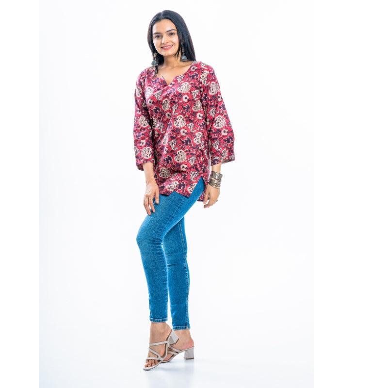 Ekisha's women rich red designer multicolor printed cotton tunic top short kurti - Ekisha