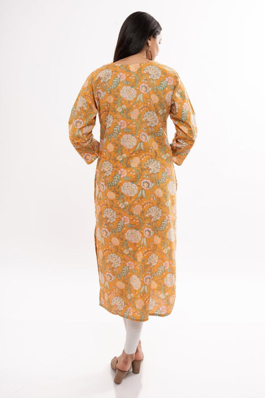 Ekisha women's cotton yellow printed straight floral kurta kurti round neck - Ekisha