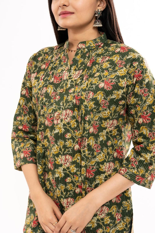 Ekisha's women green floral printed kantha cotton tunic top short kurti - Ekisha