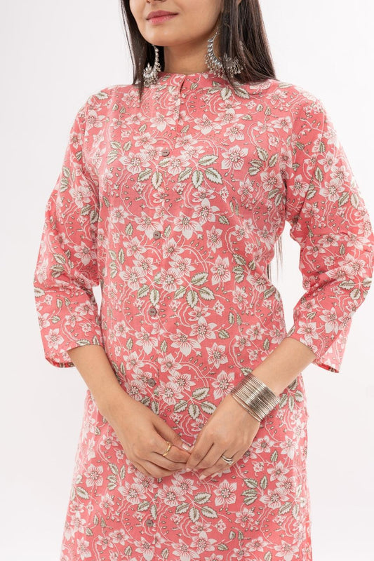 Ekisha women's cotton pink white floral printed straight kurta kurti round neck - Ekisha