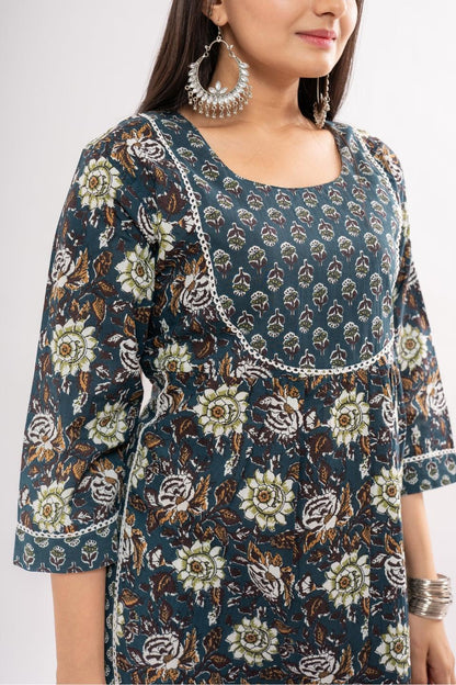 Ekisha women's cotton blue multicolor kalamkari printed straight kurta kurti round neck - Ekisha