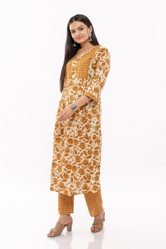 Ekisha's women cotton printed mustard multicolor kurta and pant set - Ekisha