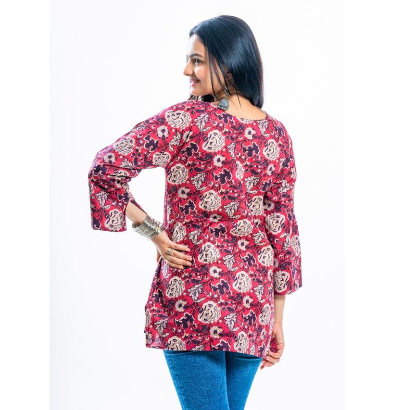 Ekisha's women rich red designer multicolor printed cotton tunic top short kurti - Ekisha