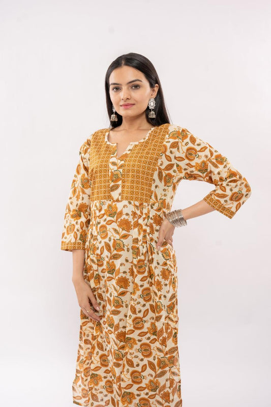 Ekisha's women cotton printed mustard multicolor kurta and pant set - Ekisha