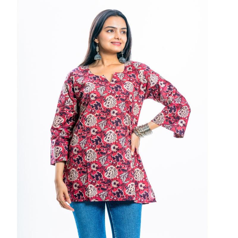 Ekisha's women rich red designer multicolor printed cotton tunic top short kurti - Ekisha