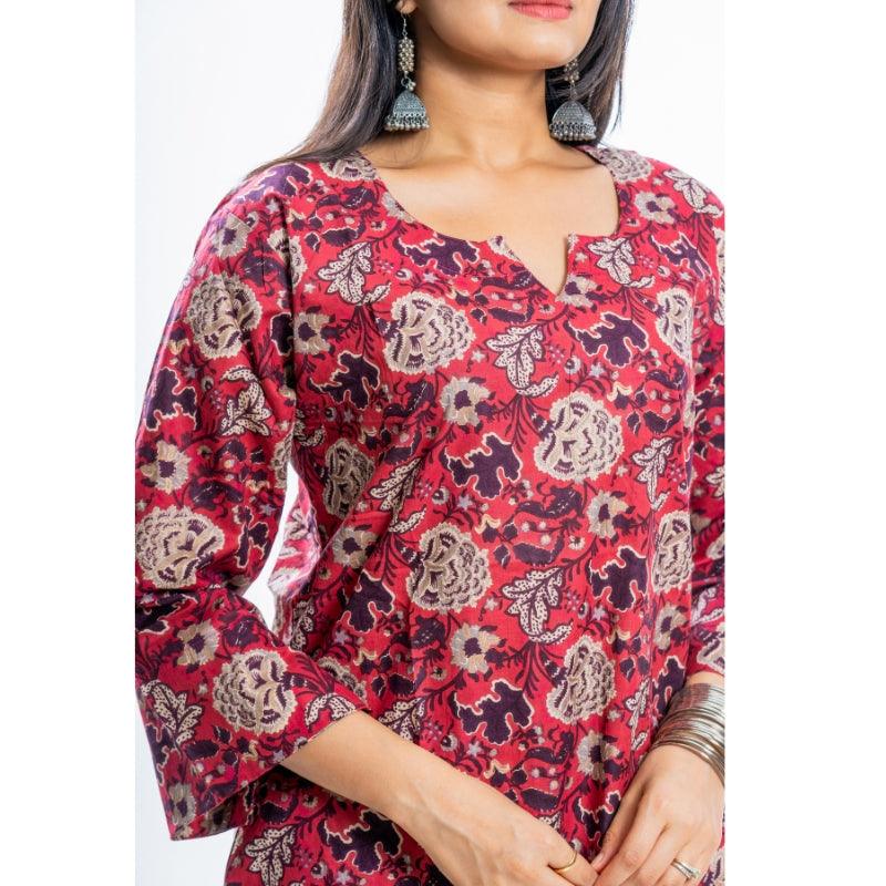 Ekisha's women rich red designer multicolor printed cotton tunic top short kurti - Ekisha