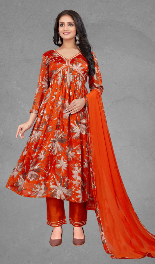 Ekisha's women floral printed orange chinnon kurta and pant set with dupatta - Ekisha