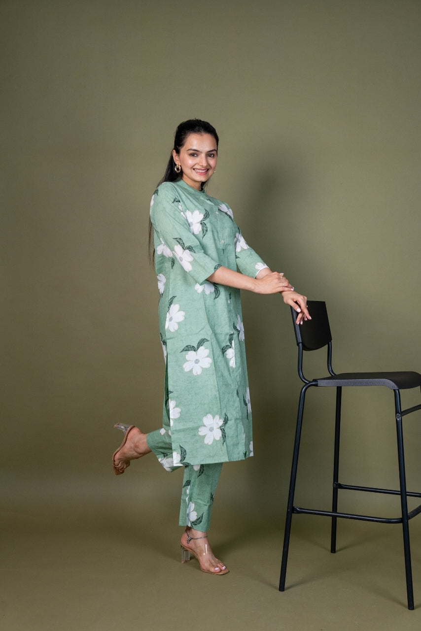 Ekisha's women pista green multicolor floral printed cotton co-ord set lounge wear, side view