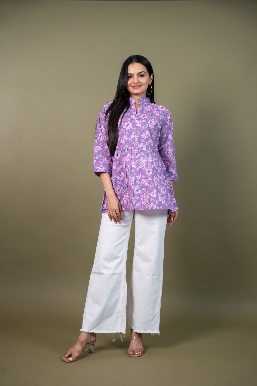 Ekisha's women purple multicolor designer floral printed cotton tunic top short kurti, front view