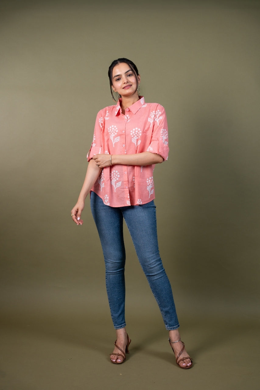 Women cotton pink printed relaxed fit shirt, front view