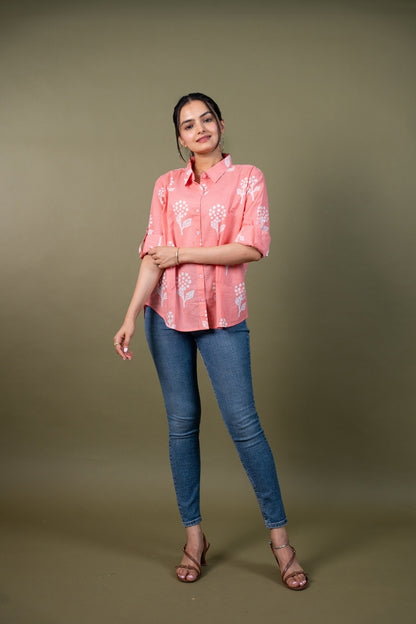 Women cotton pink printed relaxed fit shirt, front view