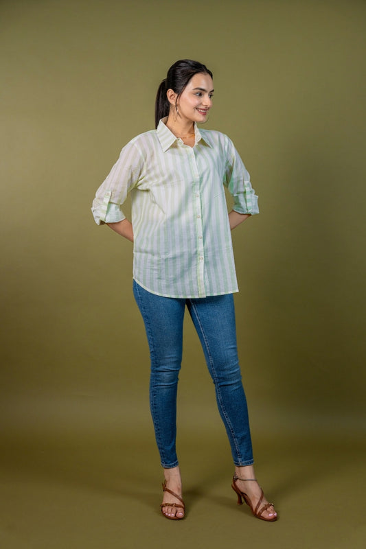 Women cotton white green stripes relaxed fit shirt, front view 2