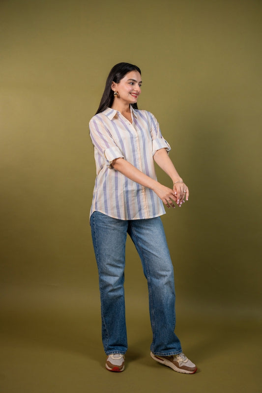 Women cotton white multicolor stripes relaxed fit shirt, side view