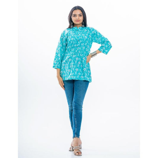 Ekisha's women pleated C-green multicolor printed cotton tunic top short kurti - Ekisha
